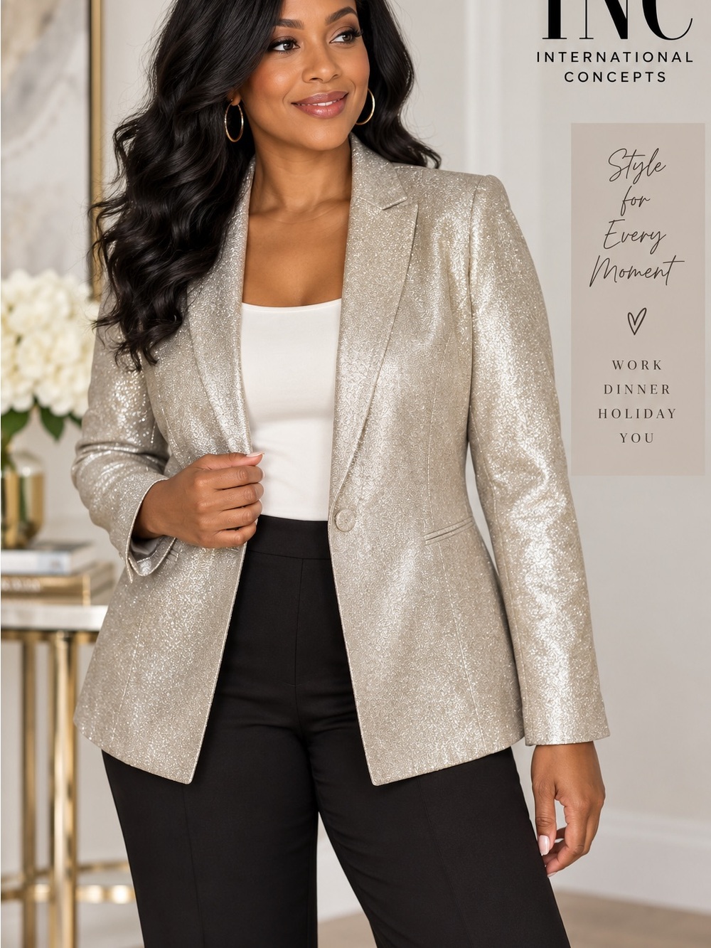 INC International Concepts Silver Metallic Single-Button Blazer